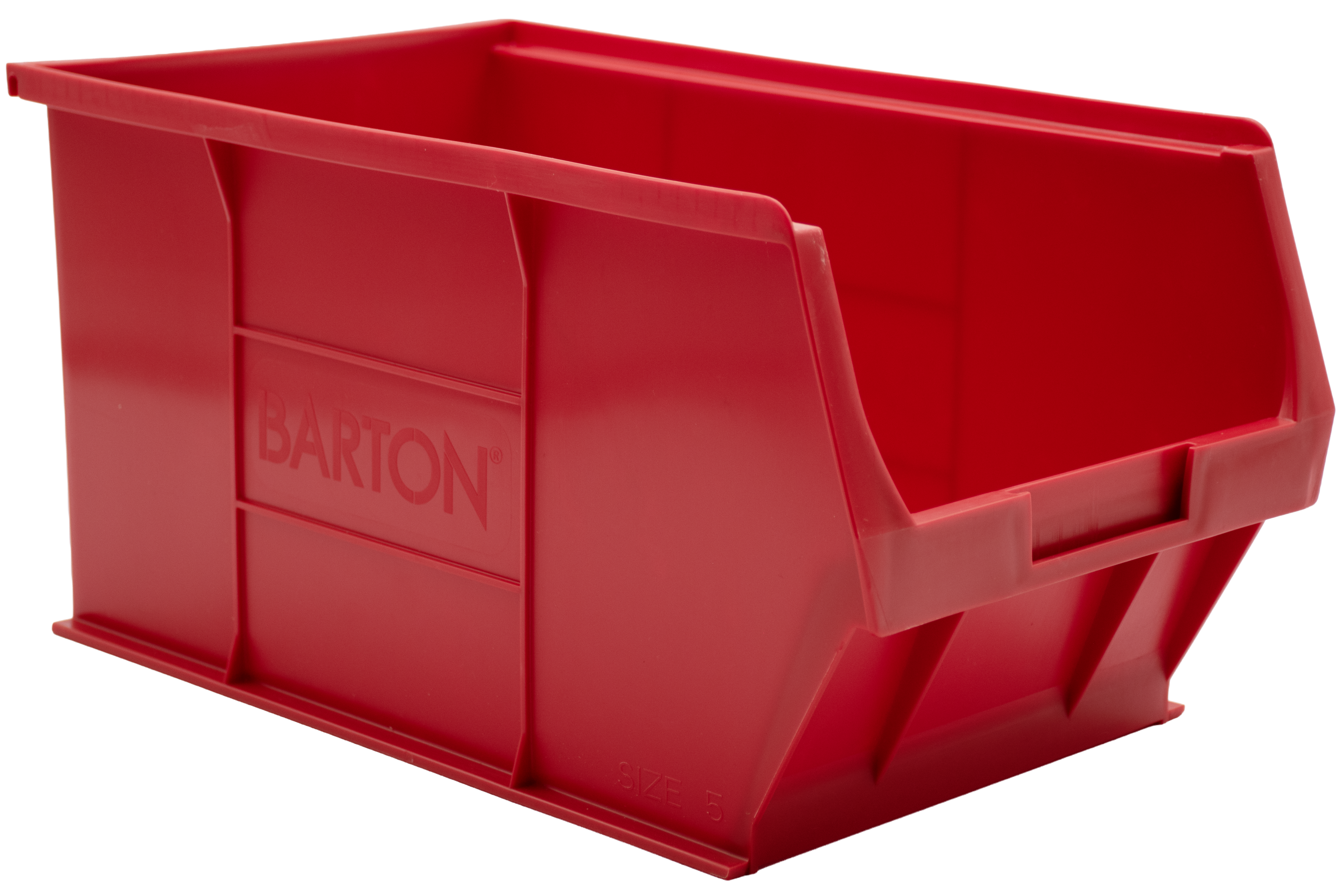 Red Barton TC5 plastic storage bin for organising small parts, components, and stock on warehouse shelving and storage systems.