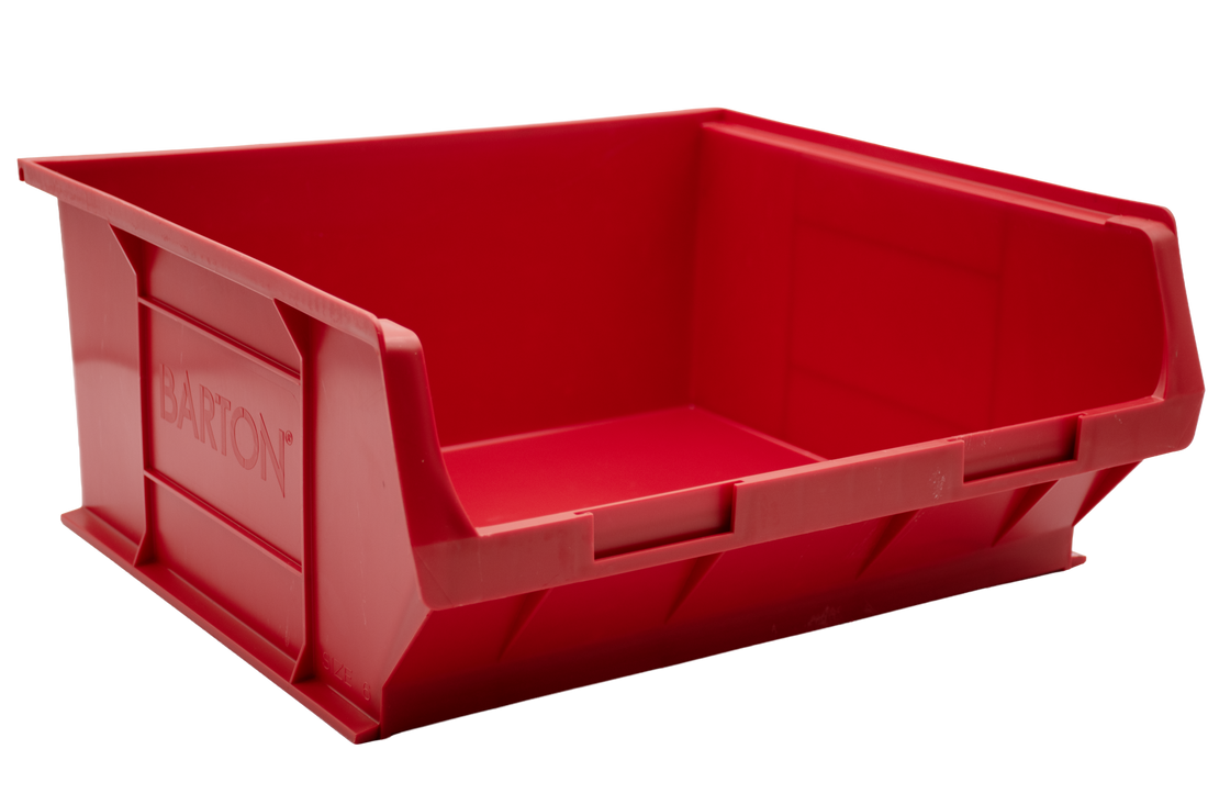 Red Barton TC6 plastic storage bin for organised small parts storage, ideal for warehouse shelving, workshops, and industrial component management.