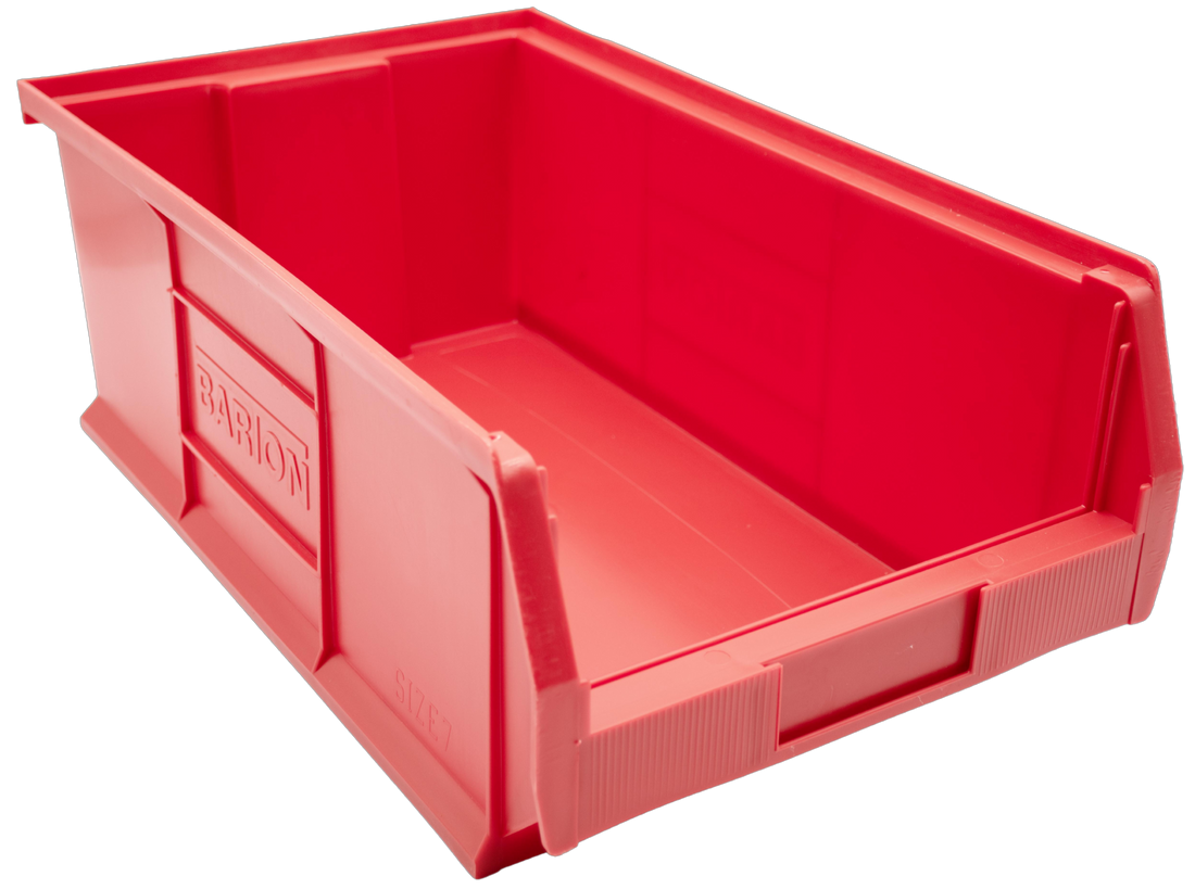 Red Barton TC7 plastic storage bin for industrial small parts storage, ideal for organising components, fixings, and stock on warehouse shelving systems.