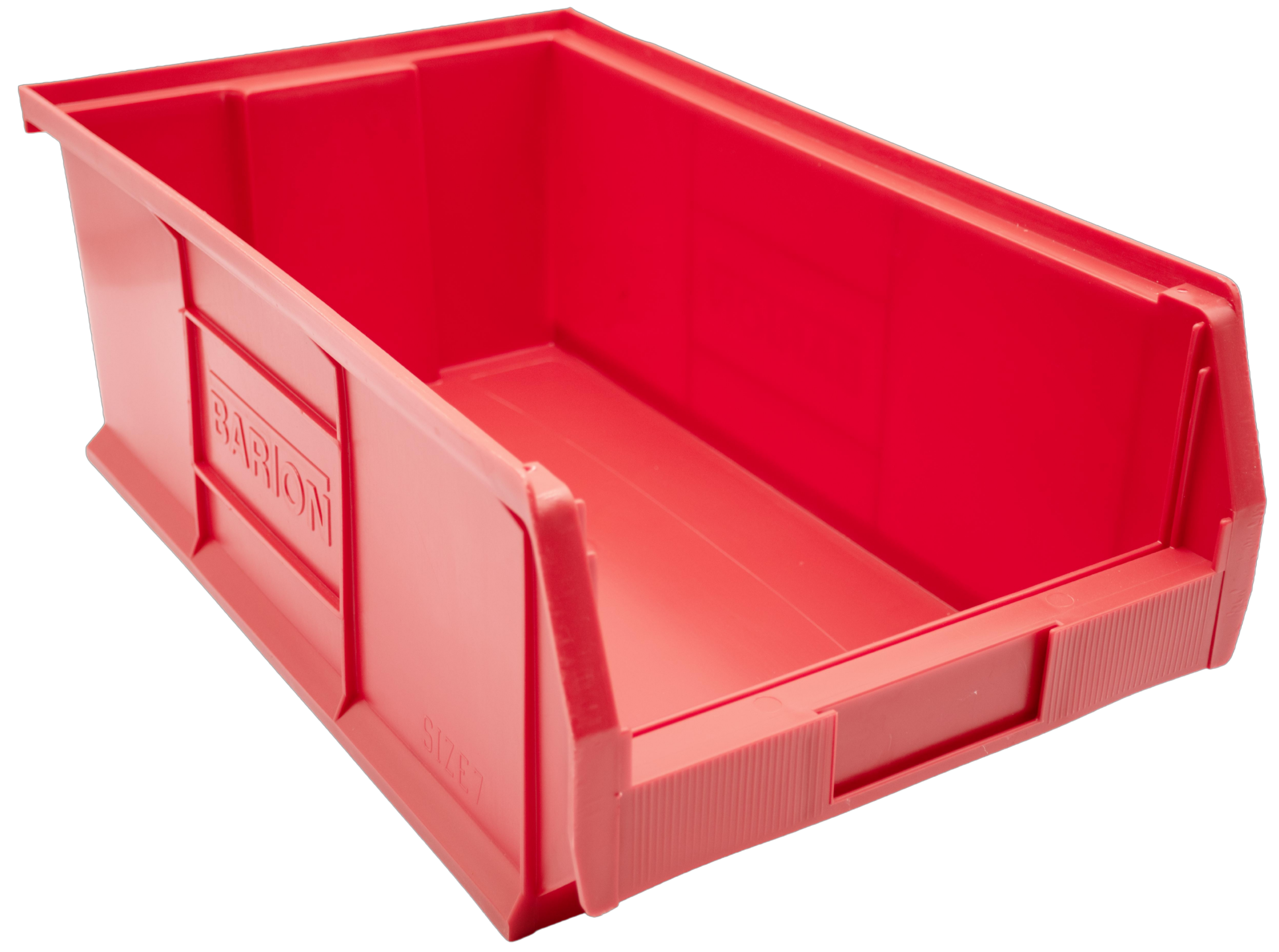 Red Barton TC7 plastic storage bin for industrial small parts storage, ideal for organising components, fixings, and stock on warehouse shelving systems.