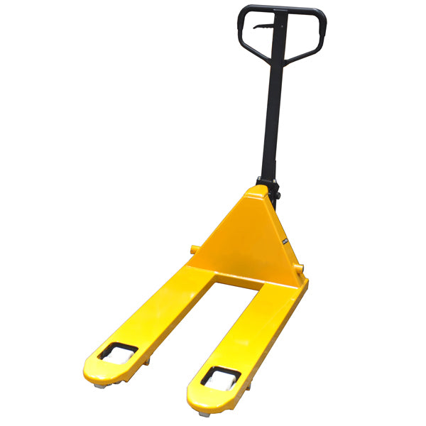 Yellow hand pallet truck on a white background