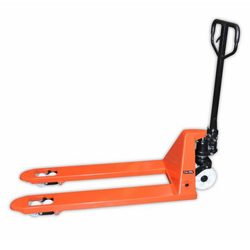 Orange hand pallet truck on a white background