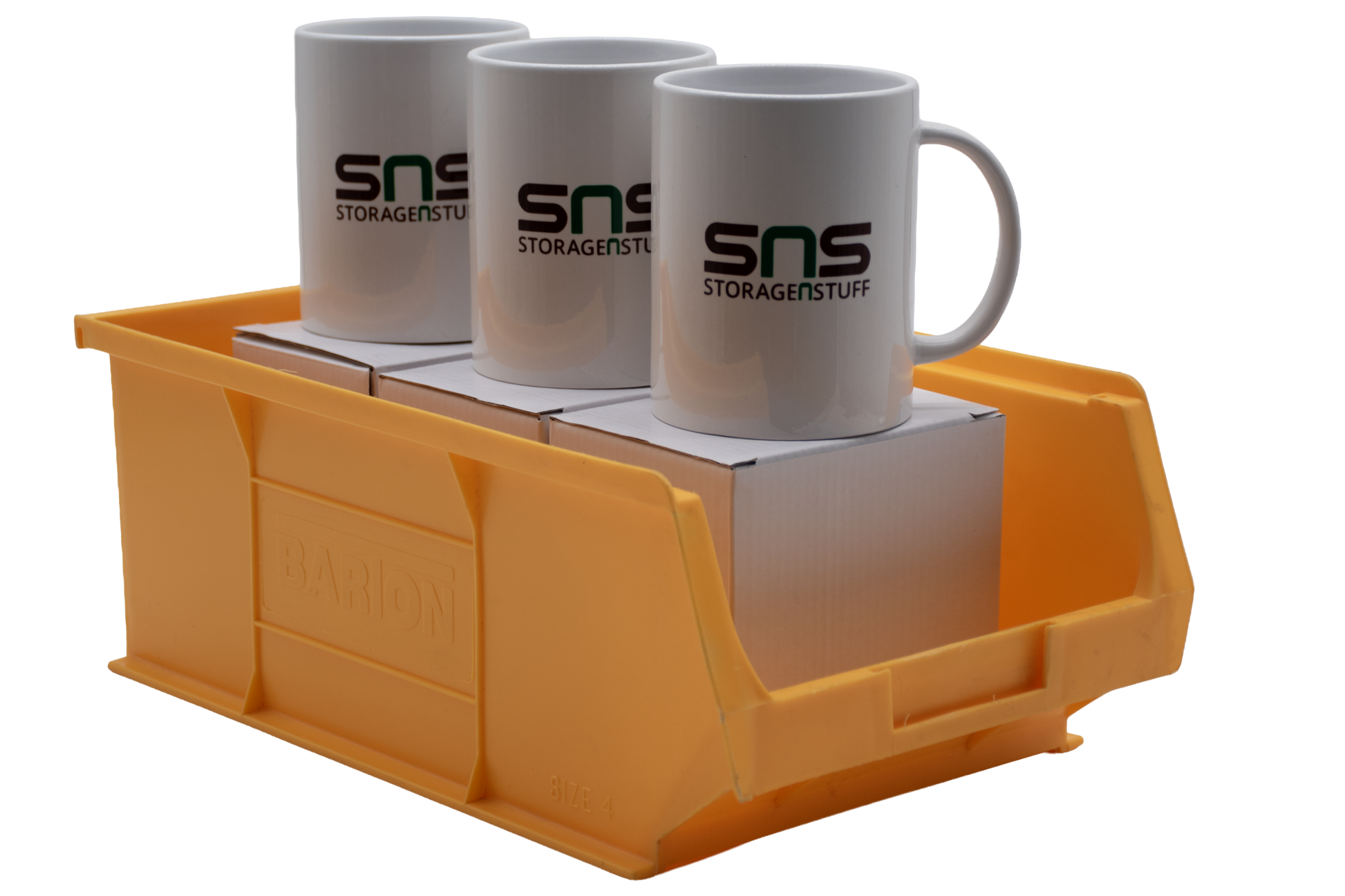 Three white mugs with 'SNS StorageN Stuff' logo inside a yellow TC4 Barton storage bin.