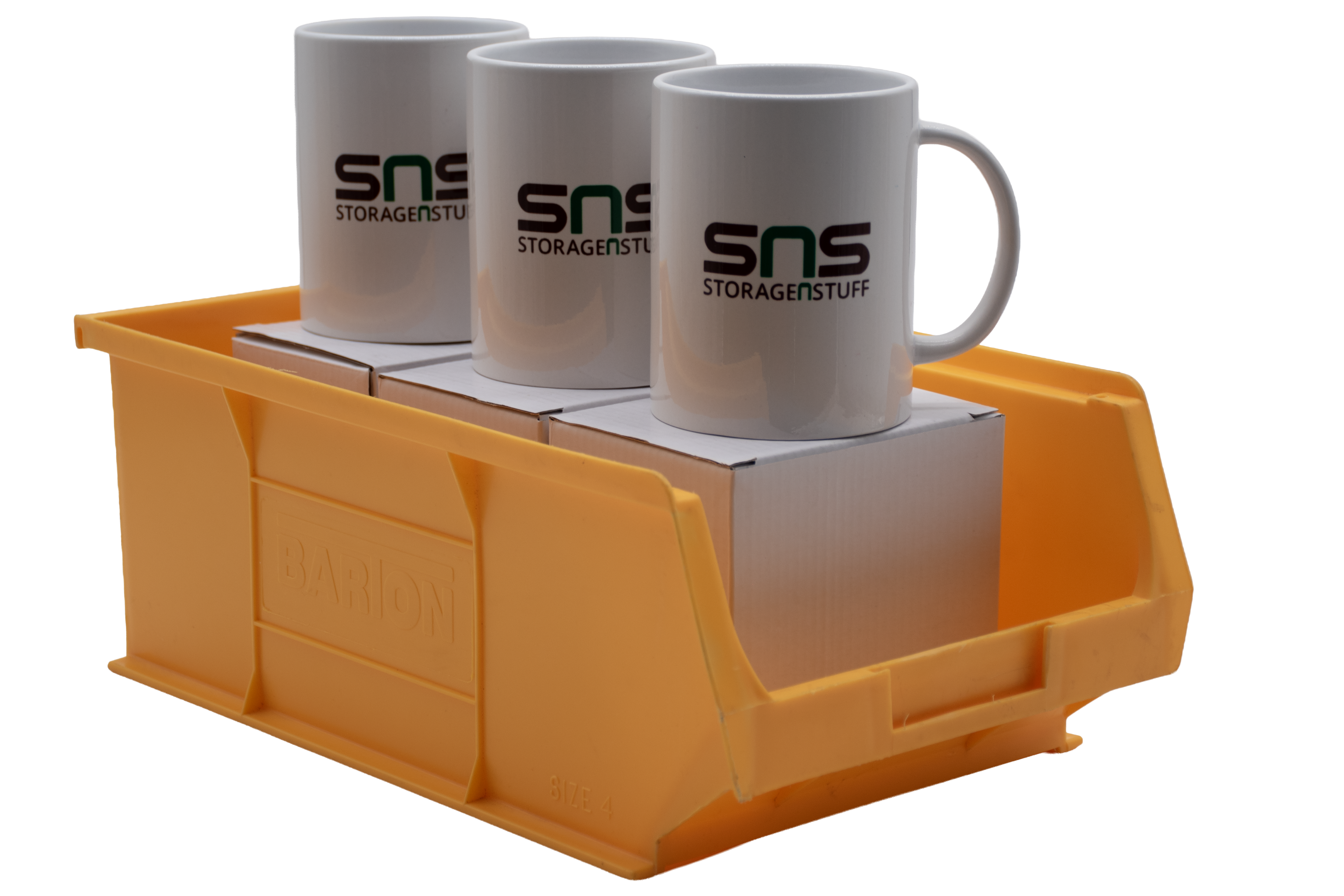 Three white mugs with 'SNS StorageN Stuff' logo inside a yellow TC4 Barton storage bin.