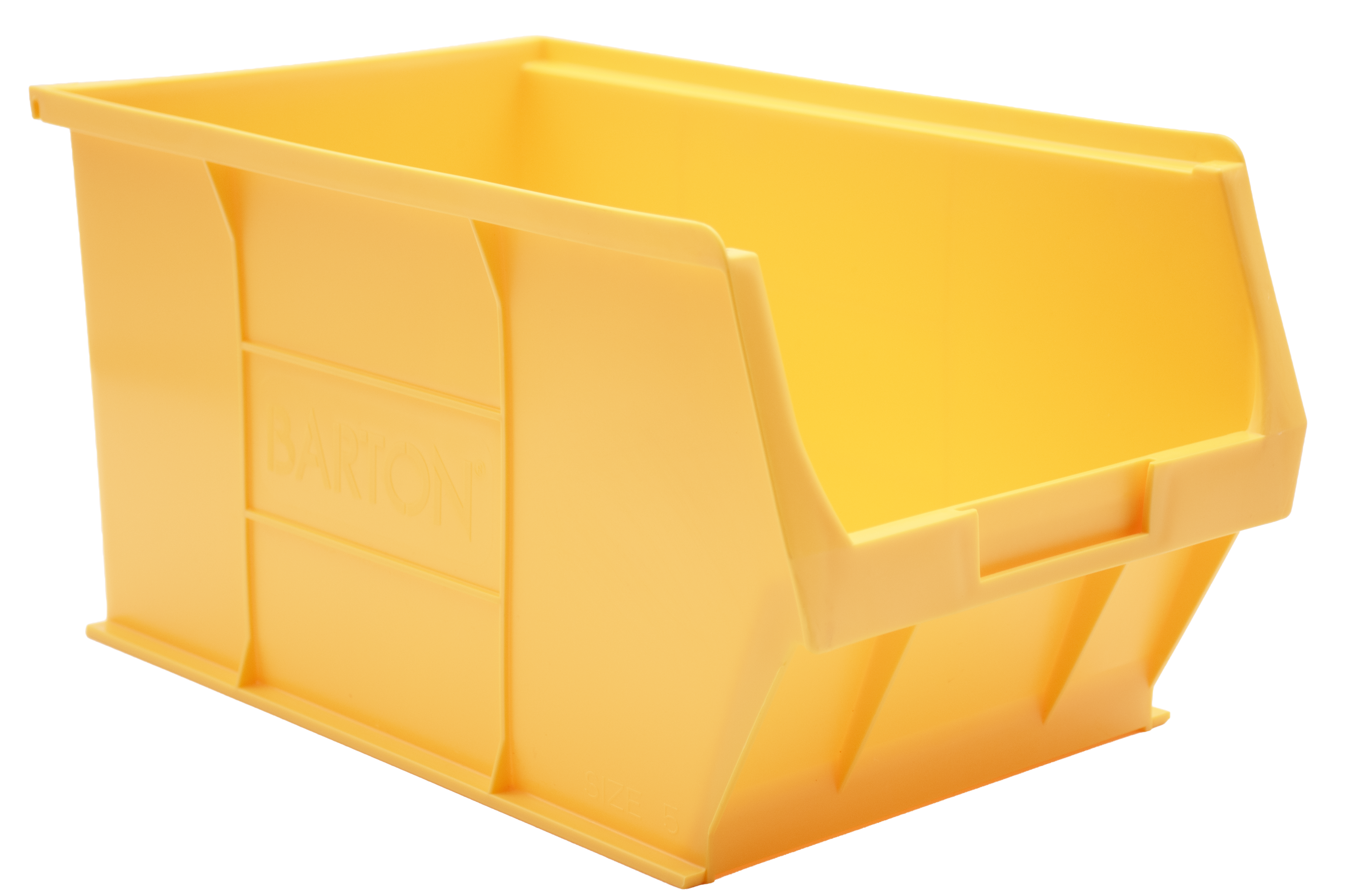 Yellow Barton TC5 plastic storage bin used for storing screws, fasteners, and small components in warehouses, workshops, and production areas.