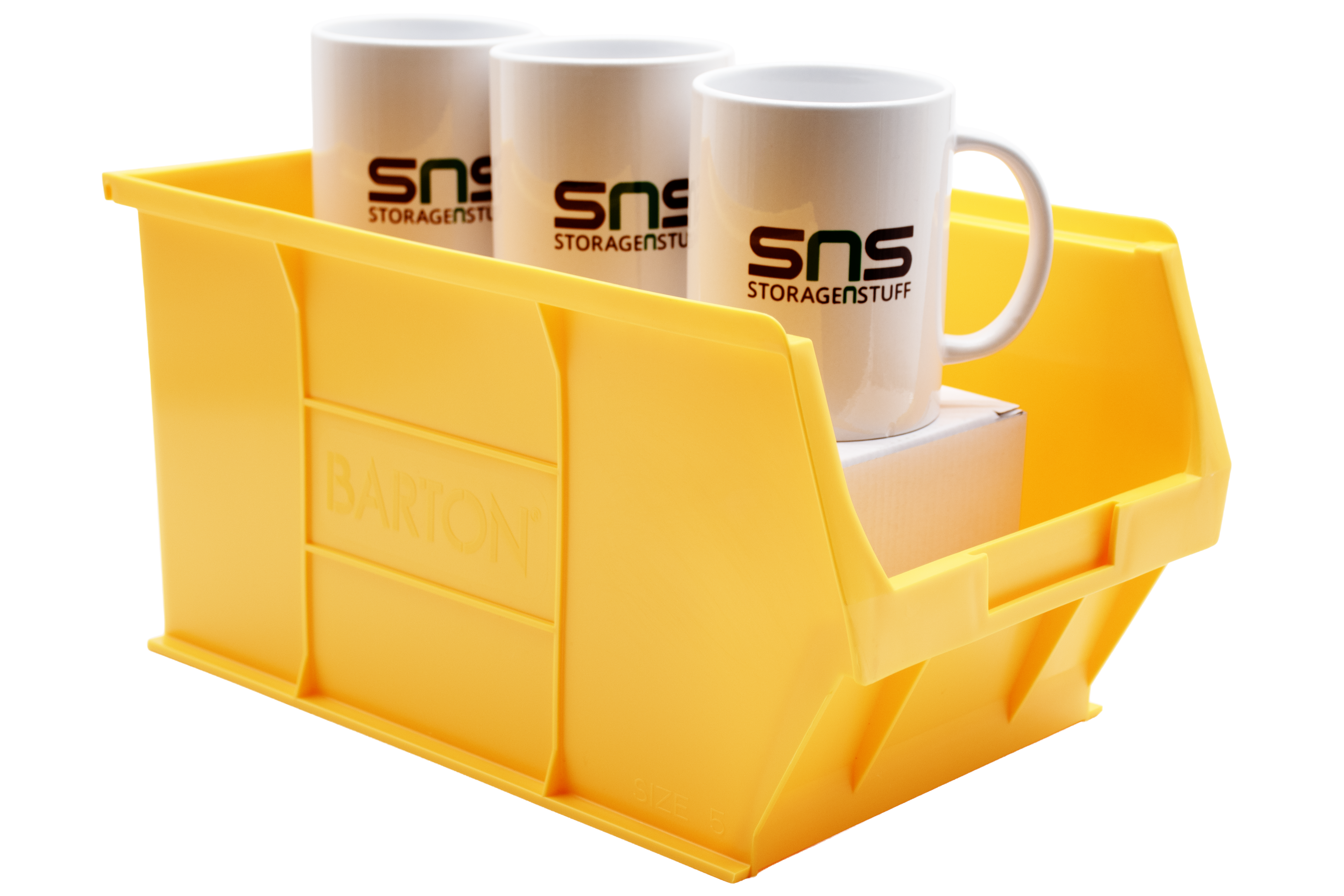 Yellow TC5 Barton storage bin with three white mugs labelled 'SNS StorageNStuff' stood on white boxes inside the plastic storage bin.