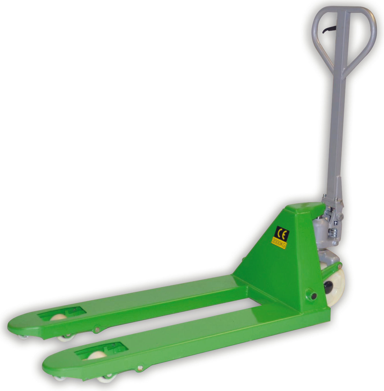Green hand pallet truck on a white background