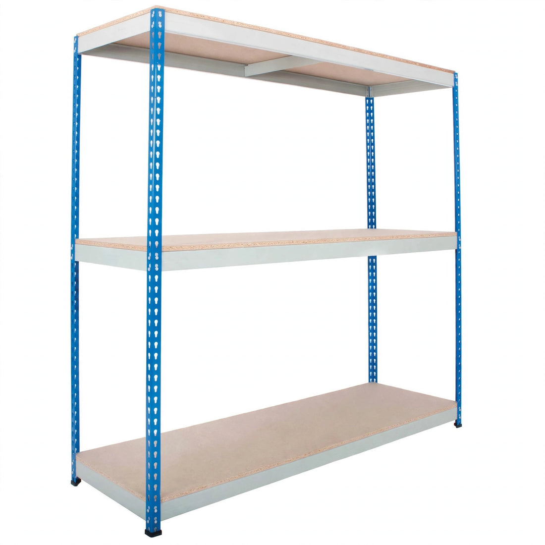Red and blue storage rack with multiple shelves on a white background